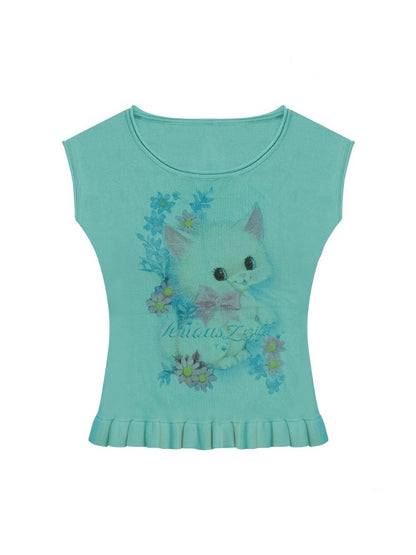 Cat Print Ruffle Hem French Sleeve T-Shirt【s0000013053】