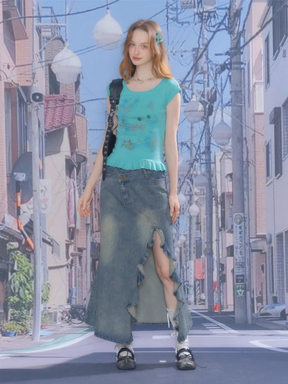 Cat Print Ruffle Hem French Sleeve T-Shirt【s0000013053】