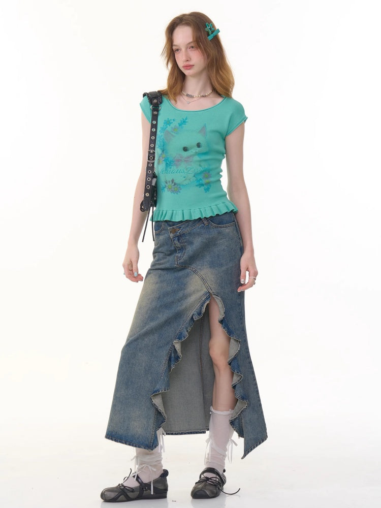 Cat Print Ruffle Hem French Sleeve T-Shirt【s0000013053】