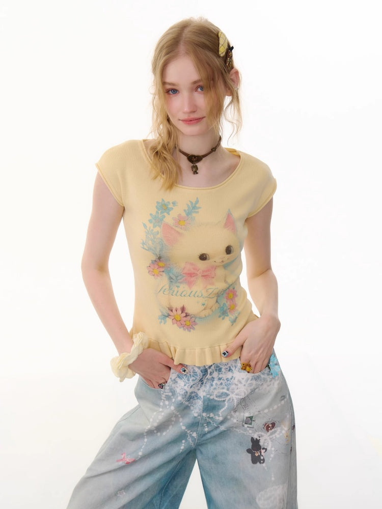 Cat Print Ruffle Hem French Sleeve T-Shirt【s0000013053】