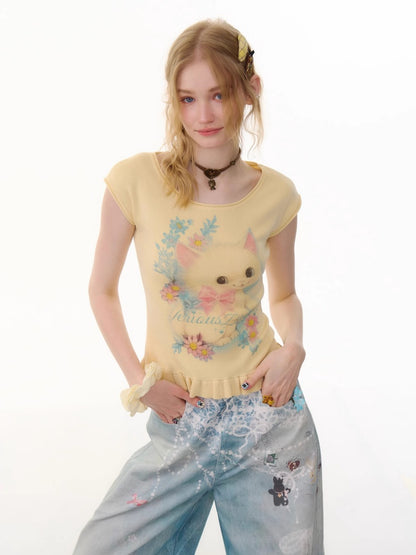 Cat Print Ruffle Hem French Sleeve T-Shirt【s0000013053】