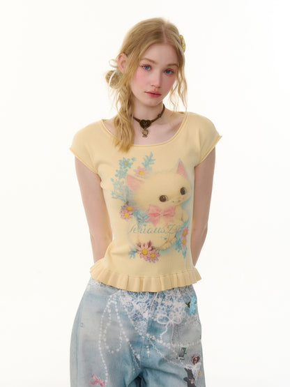 Cat Print Ruffle Hem French Sleeve T-Shirt【s0000013053】