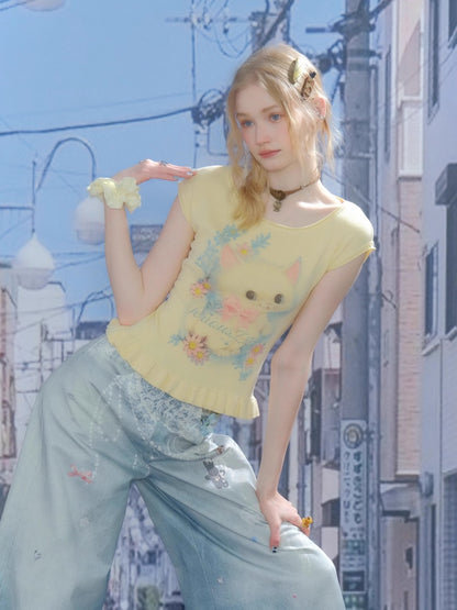 Cat Print Ruffle Hem French Sleeve T-Shirt【s0000013053】