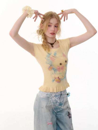 Cat Print Ruffle Hem French Sleeve T-Shirt【s0000013053】
