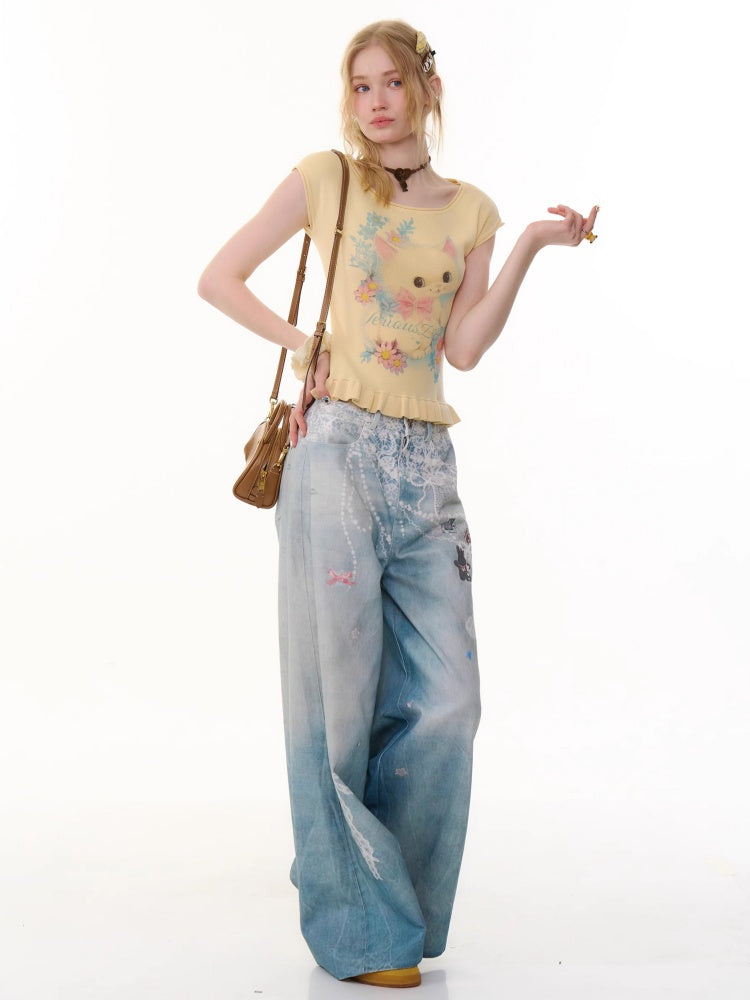 Cat Print Ruffle Hem French Sleeve T-Shirt【s0000013053】
