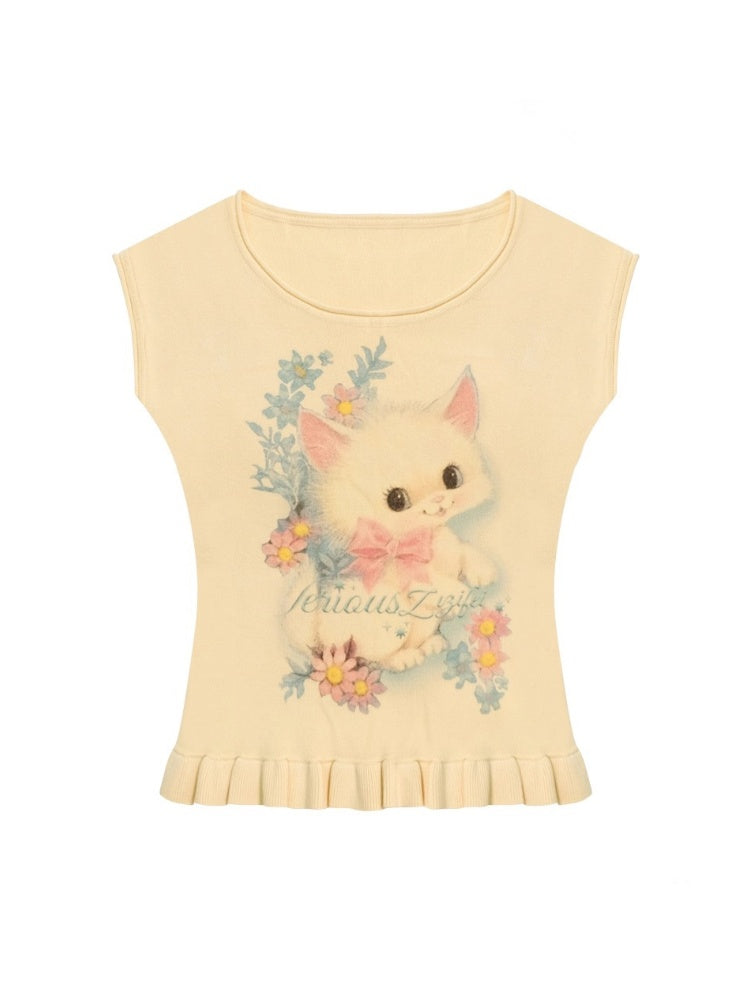 Cat Print Ruffle Hem French Sleeve T-Shirt【s0000013053】