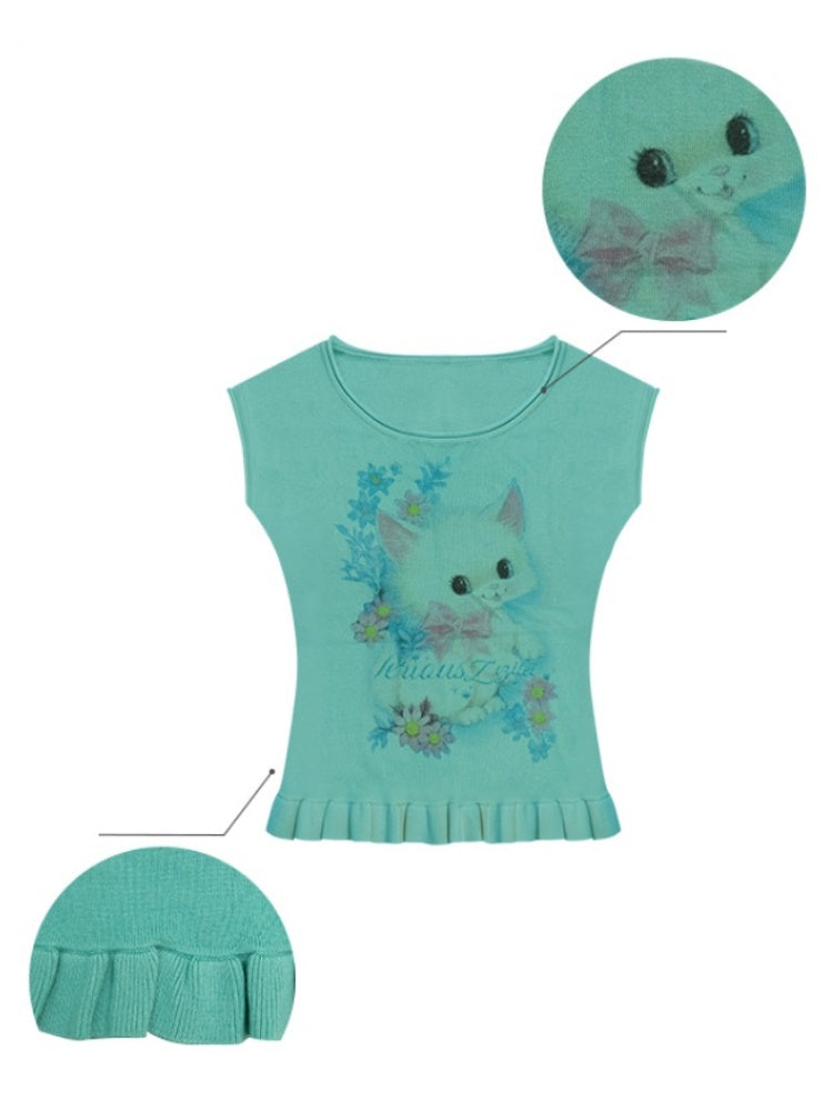 Cat Print Ruffle Hem French Sleeve T-Shirt【s0000013053】