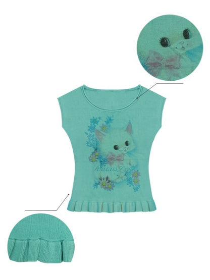 Cat Print Ruffle Hem French Sleeve T-Shirt【s0000013053】