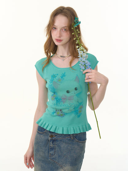 Cat Print Ruffle Hem French Sleeve T-Shirt【s0000013053】