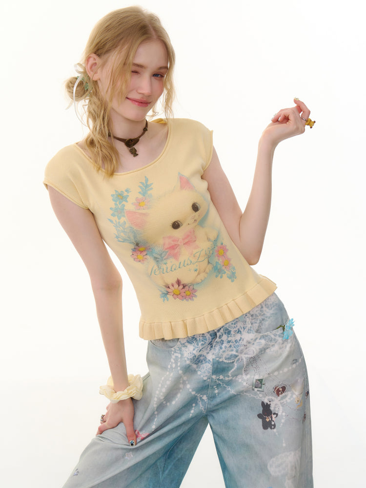 Cat Print Ruffle Hem French Sleeve T-Shirt【s0000013053】