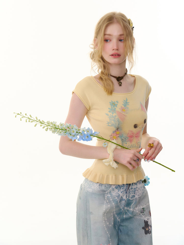 Cat Print Ruffle Hem French Sleeve T-Shirt【s0000013053】