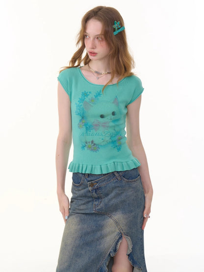 Cat Print Ruffle Hem French Sleeve T-Shirt【s0000013053】