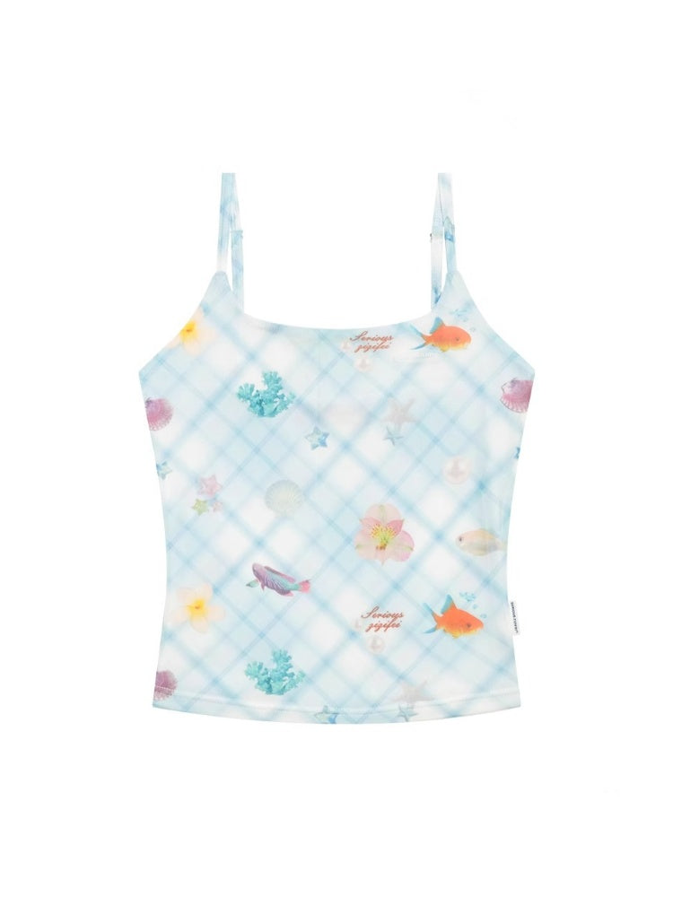 Shell Print Square Neck Plaid Camisole【s0000013054】