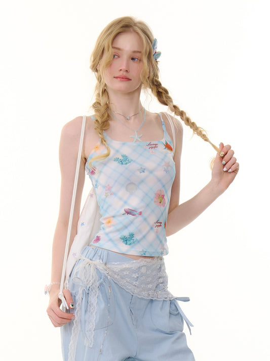 Shell Print Square Neck Plaid Camisole【s0000013054】