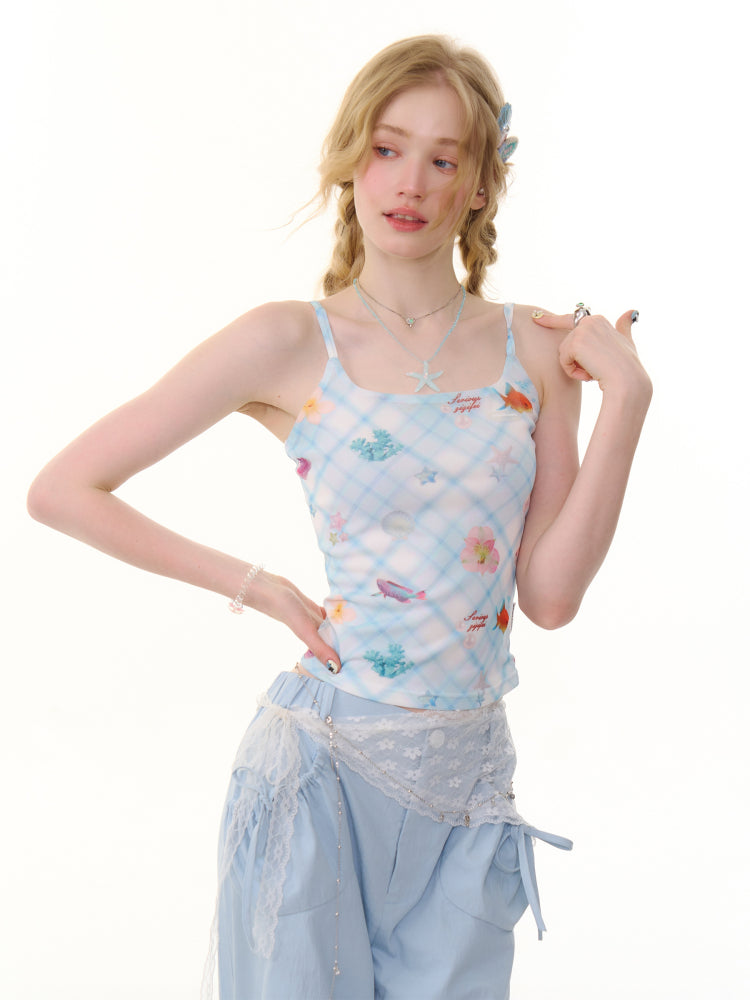 Shell Print Square Neck Plaid Camisole【s0000013054】