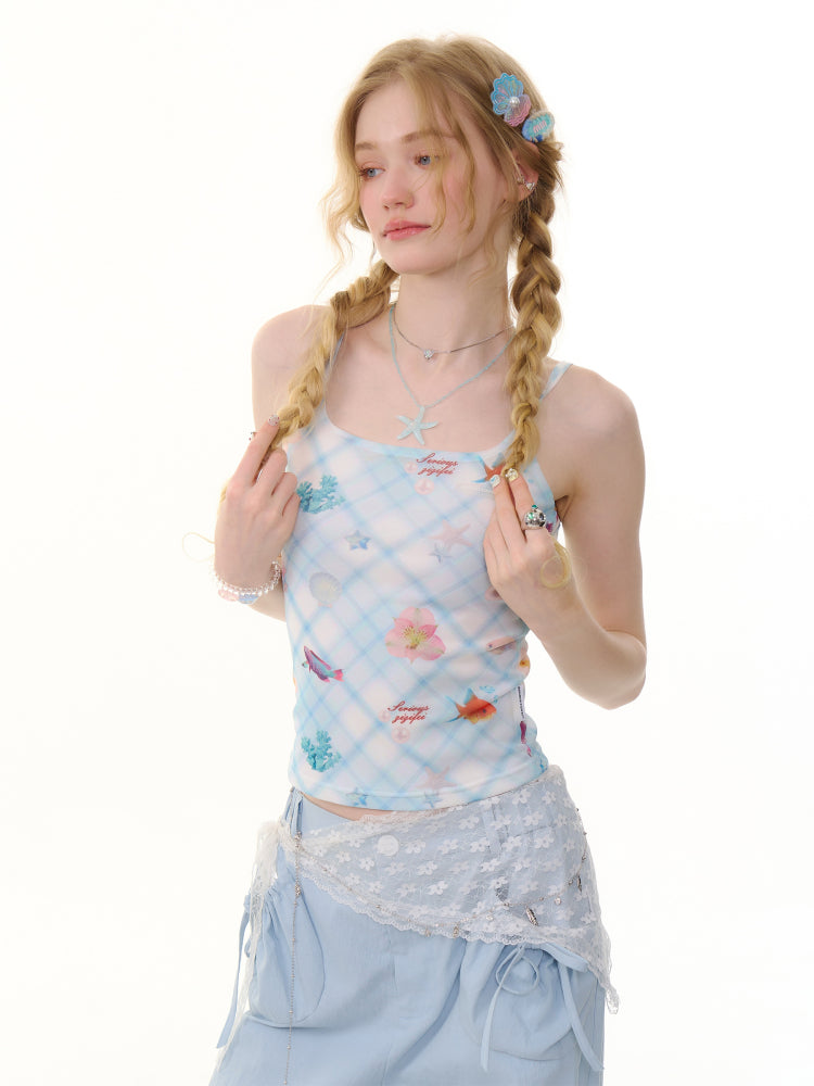 Shell Print Square Neck Plaid Camisole【s0000013054】