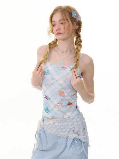 Shell Print Square Neck Plaid Camisole【s0000013054】