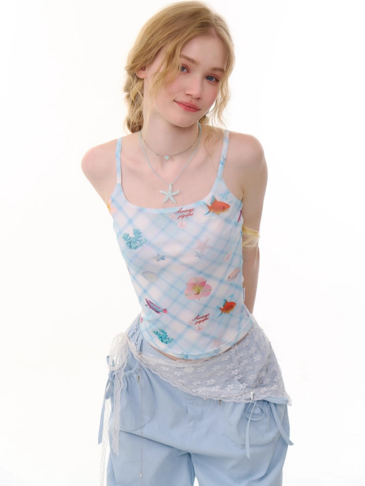 Shell Print Square Neck Plaid Camisole【s0000013054】