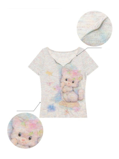 Cat Print V-Neck Short Sleeve T-Shirt【s0000013055】