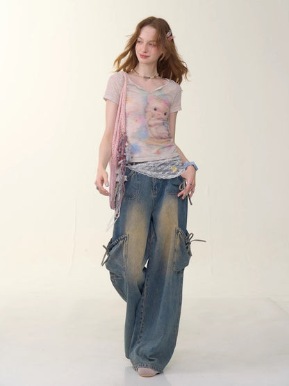 Cat Print V-Neck Short Sleeve T-Shirt【s0000013055】