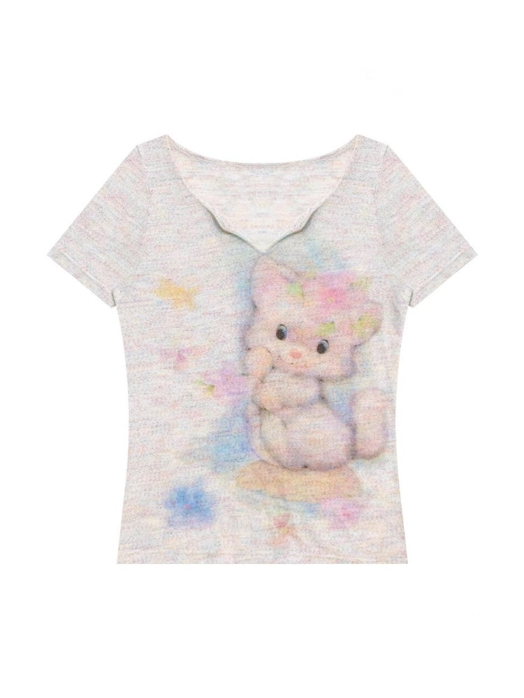 Cat Print V-Neck Short Sleeve T-Shirt【s0000013055】