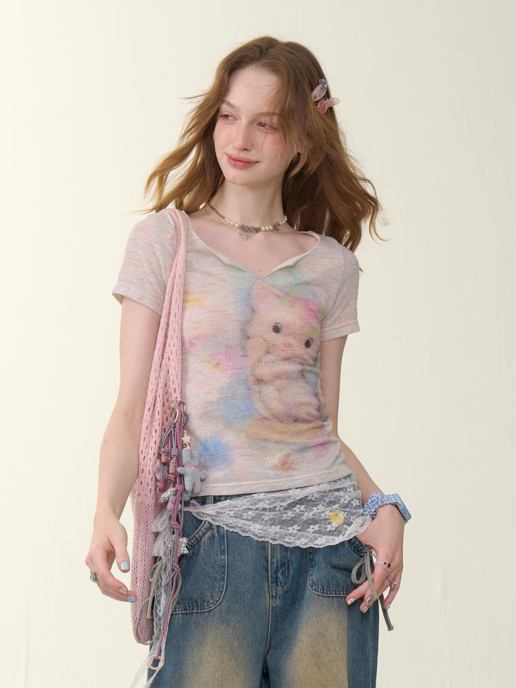 Cat Print V-Neck Short Sleeve T-Shirt【s0000013055】