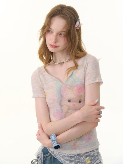 Cat Print V-Neck Short Sleeve T-Shirt【s0000013055】