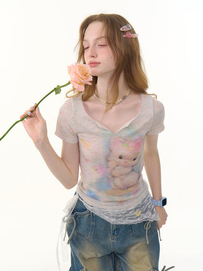 Cat Print V-Neck Short Sleeve T-Shirt【s0000013055】