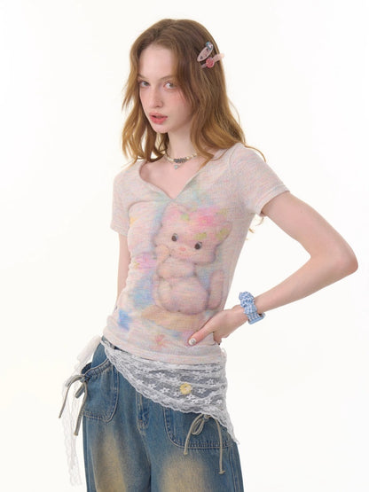 Cat Print V-Neck Short Sleeve T-Shirt【s0000013055】