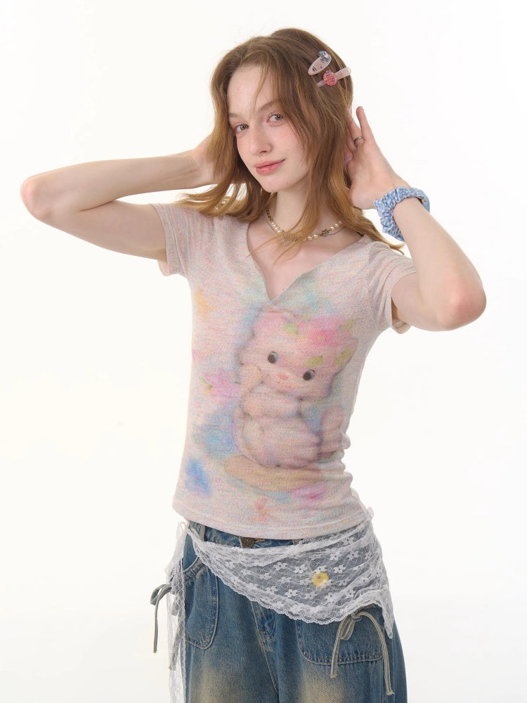 Cat Print V-Neck Short Sleeve T-Shirt【s0000013055】