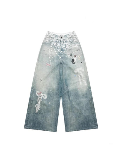 Lace Chain Print High Waist Wide Leg Denim Pants【s0000013056】