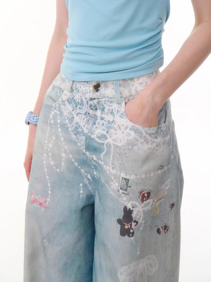 Lace Chain Print High Waist Wide Leg Denim Pants【s0000013056】