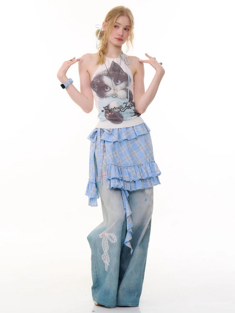 Lace Chain Print High Waist Wide Leg Denim Pants【s0000013056】