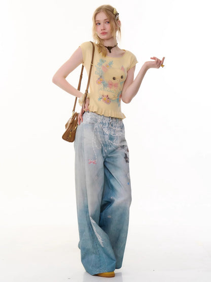 Lace Chain Print High Waist Wide Leg Denim Pants【s0000013056】