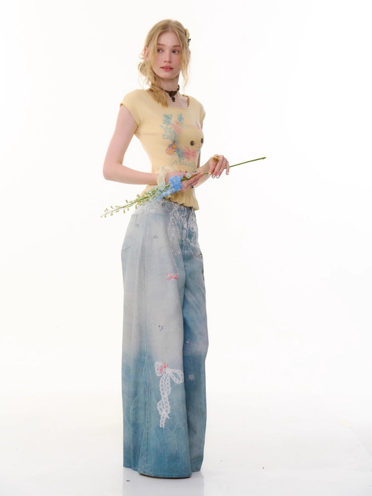Lace Chain Print High Waist Wide Leg Denim Pants【s0000013056】
