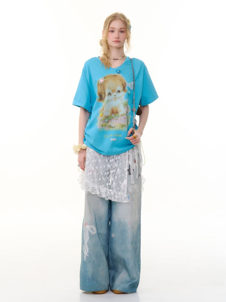 Lace Chain Print High Waist Wide Leg Denim Pants【s0000013056】