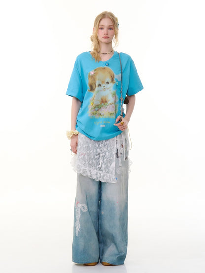 Lace Chain Print High Waist Wide Leg Denim Pants【s0000013056】