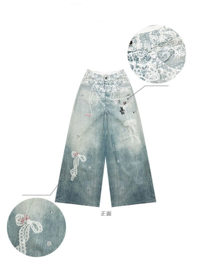 Lace Chain Print High Waist Wide Leg Denim Pants【s0000013056】
