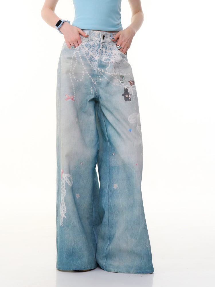 Lace Chain Print High Waist Wide Leg Denim Pants【s0000013056】