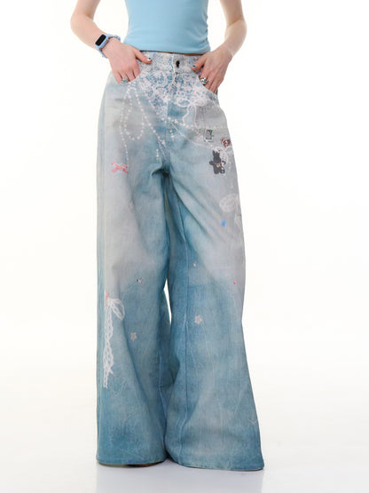 Lace Chain Print High Waist Wide Leg Denim Pants【s0000013056】