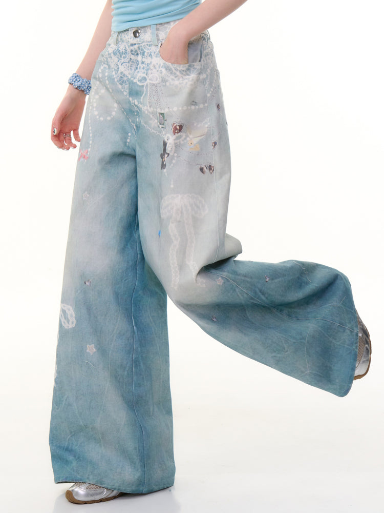 Lace Chain Print High Waist Wide Leg Denim Pants【s0000013056】