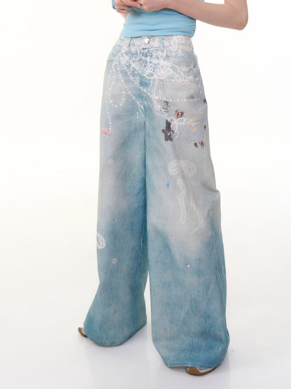 Lace Chain Print High Waist Wide Leg Denim Pants【s0000013056】