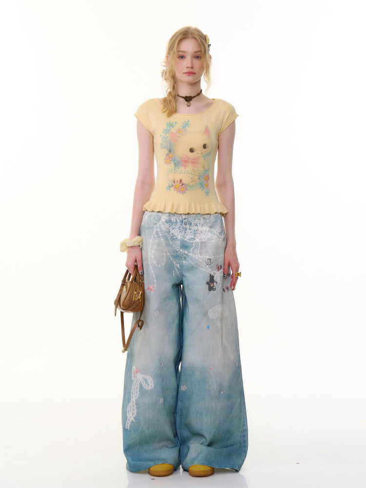 Lace Chain Print High Waist Wide Leg Denim Pants【s0000013056】