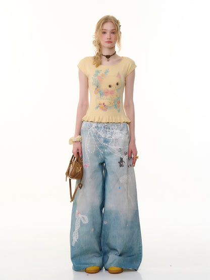 Lace Chain Print High Waist Wide Leg Denim Pants【s0000013056】