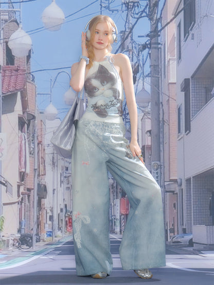 Lace Chain Print High Waist Wide Leg Denim Pants【s0000013056】