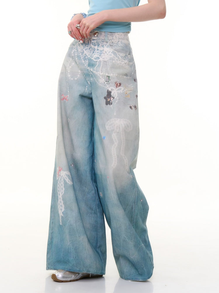 Lace Chain Print High Waist Wide Leg Denim Pants【s0000013056】