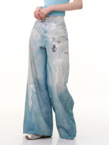 Lace Chain Print High Waist Wide Leg Denim Pants【s0000013056】