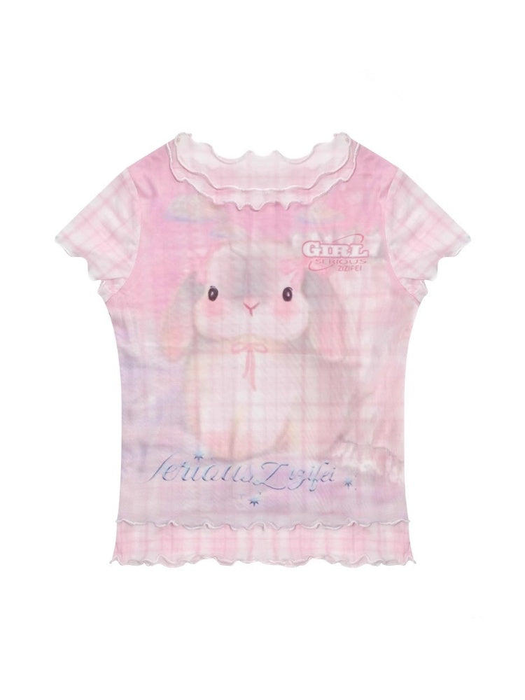 Faux Layered Plaid Rabbit Print Mesh Mellow Ruffle Short Sleeve T-Shirt【s0000013057】