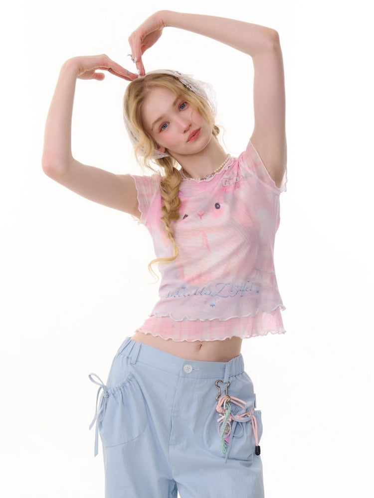 Faux Layered Plaid Rabbit Print Mesh Mellow Ruffle Short Sleeve T-Shirt【s0000013057】