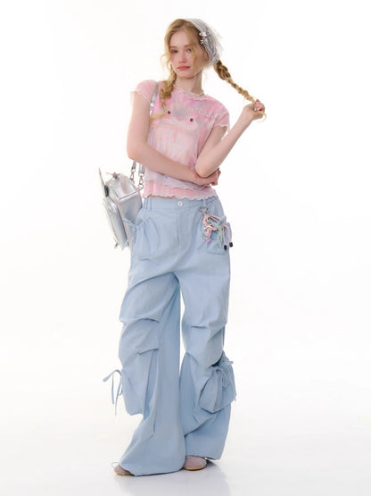Faux Layered Plaid Rabbit Print Mesh Mellow Ruffle Short Sleeve T-Shirt【s0000013057】